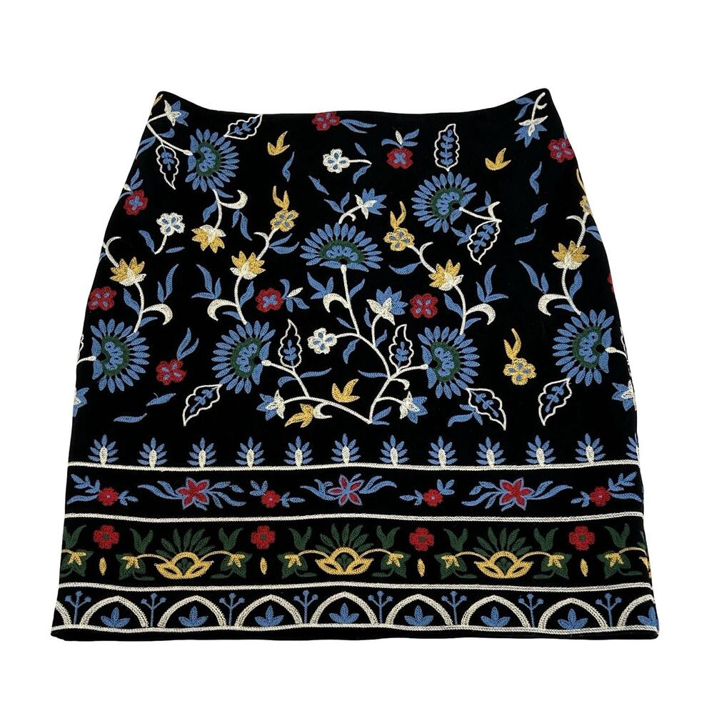 J. McLaughlin Pencil Skirt Womens Size 4 Black Embroidered Bainbridge Lined Boho
